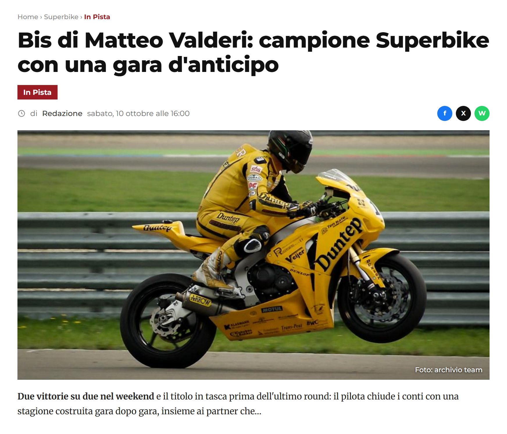 Esempio di articolo stampa sul titolo Superbike di un pilota