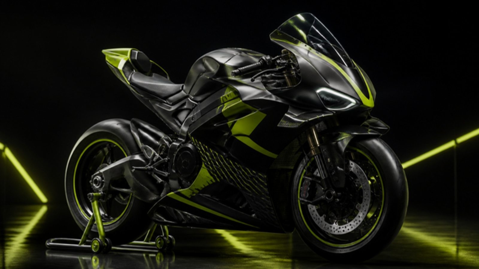 Rendering IA di una superbike con livrea nera e verde lime